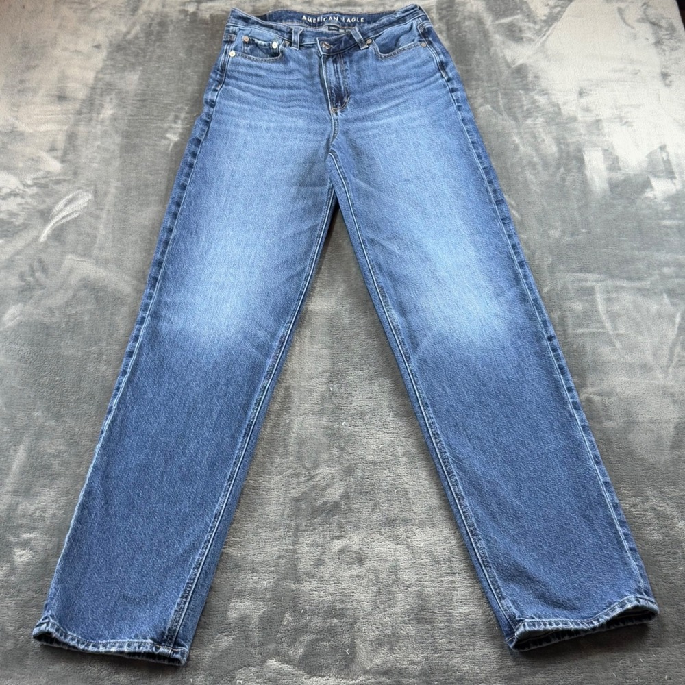 American Eagle Super High Rise Baggy Straight Jeans Blue 4 X-Long Medium Wash